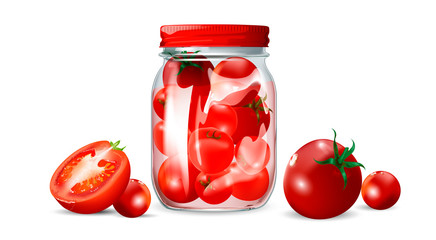 Vector illustration of fresh tomatoes and canned tomatoes in a glass jar with a twist.