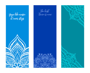 Yoga mat design set. Template for retreat or yoga studio. Vector illustration