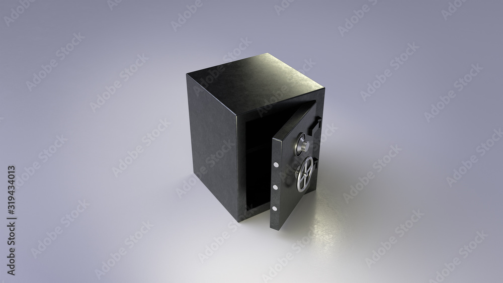 Poster 3d render open empty black safe on white background.