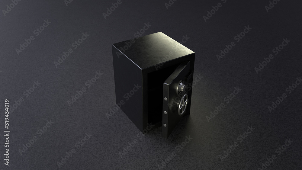 Poster 3d render open empty black safe on black background.