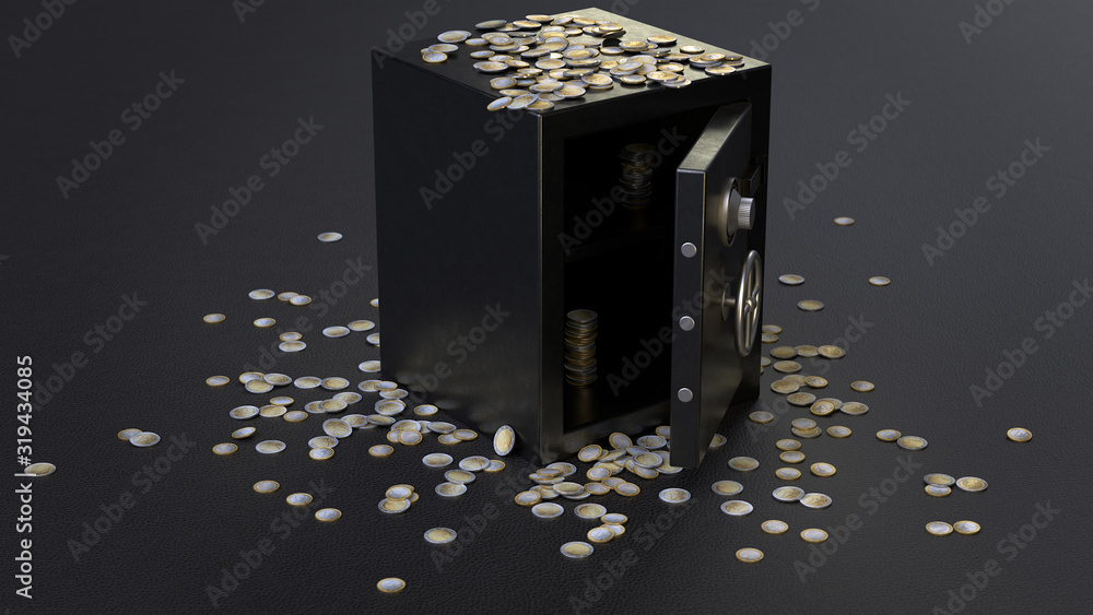 Poster 3d render open black safe with coins around on black background. perspective view.