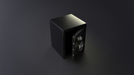 3d render open empty black safe on black background.