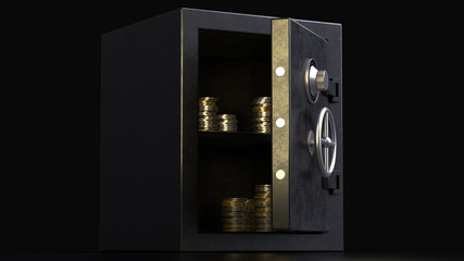 3d render open black safe with coins on black background. - obrazy, fototapety, plakaty