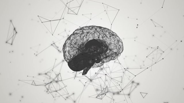 Human brain being formed by revolving particles. Plexus structure evolving around. Black and white abstract futuristic science and technology motion background. 3D rendering. Depth of field settings.
