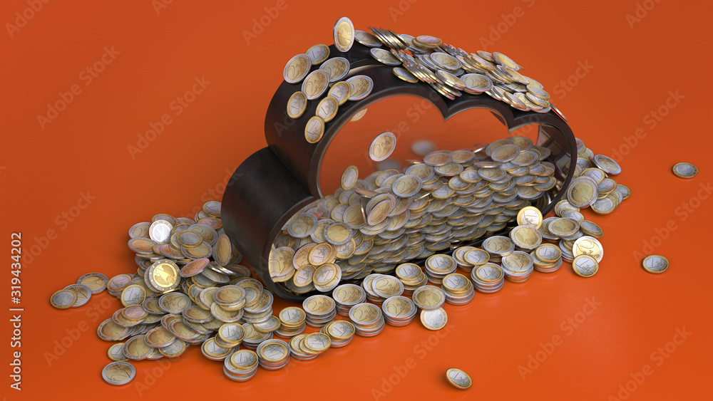 Poster 3d render a piggy bank in the form of a cloud with coins inside and around on an orange background. 