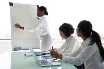 Group of female colleagues during business meeting. Young businesswoman writing on whiteboard and coworkers using digital devices in modern office. Brainstorming concept