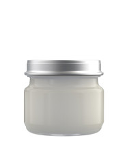White Colorless Baby Puree, Jam or other Food in Small Glass Jar. Realistic 3D Render Isolated on White.