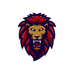 lion head logo vector illustration with red mane, being angry looking at his sharp teeth, suitable for the sports team mascot logo, e sports team and others