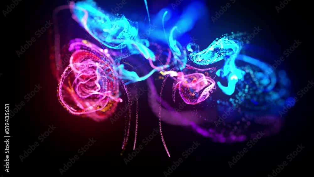 Poster injection of fluorescent ink in water in 4k. 3d render of glow particles in ink flow. interaction of