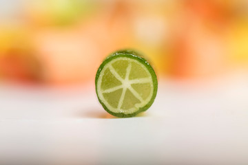 Natural handmade caramel candies with fruit pattern. Macro
