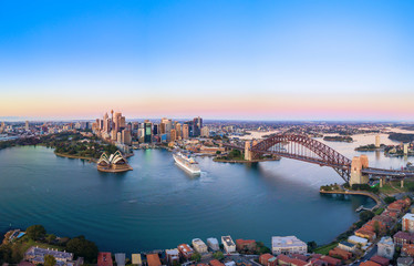 Fototapeta premium Aerial Panoramic View of Beautiful Sunrise at Sydney City Skyline