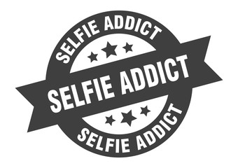 selfie addict sign. selfie addict round ribbon sticker. selfie addict tag