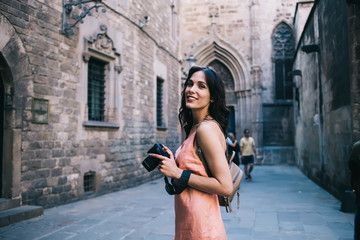 Happy tourist visiting old city