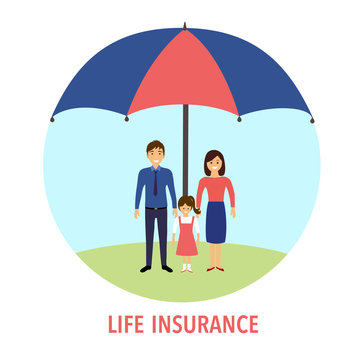 Family Life Insurance Concept Vector Illustration. People Are Standing Under Big Umbrella Flat Design.