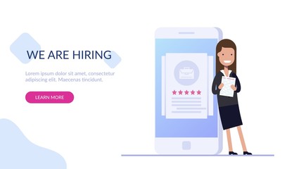 Young girl HR manager is standing with documents near a mobile phone with a job rating. Search for new employees. Work searches. Web design in Flat vector illustration.