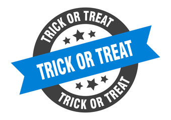trick or treat sign. trick or treat round ribbon sticker. trick or treat tag