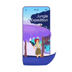 Jungle expedition cartoon smartphone vector app screen. Trip, journey. Mobile phone displays with flat character design mockup. Rainforest exploration application telephone cute interface