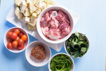 Food ingredients for making Kaeng Khanun-on (Curry Young Jackfruit), Northern Thai local food