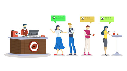 Coffee shop rating semi flat RGB color vector illustration. Customer, consumer feedback. Clients with review bubbles. Cafe quality evaluation. Isolated cartoon character on white background