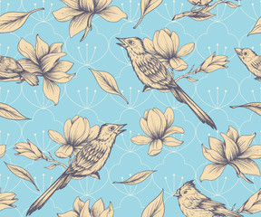 Seamless floral pattern with magnolias and birds
