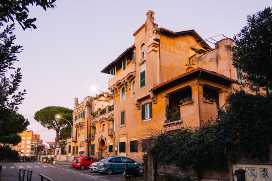 Rome, Italy - Dec 31, 2019: Typical building in the Garbatella district in Rome