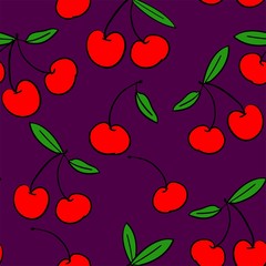 Hand drawn Cherry print and pattern seamless. Spring Summer trend textiles. Fruity background. Vector Illustration.
