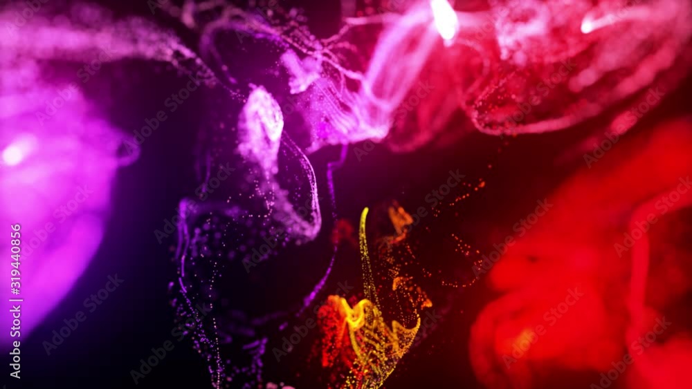 Poster injection of fluorescent red violet ink in water in 4k. 3d render of glow particles in ink flow. lum