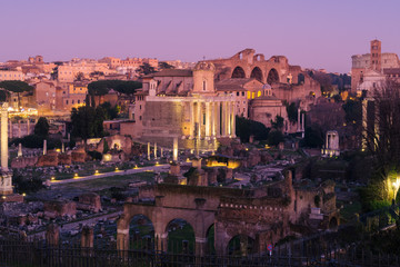 Fototapeta na wymiar Rome, Italy - Jan 1, 2020: Roman Forum during dusk, Rome, Italy