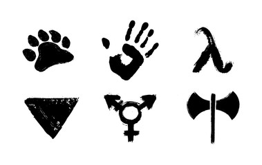 Grunge set of LGBT Icons gay bear, Gay Liberation Front, Transgender, Labrys, Gay Activists Alliance Vector