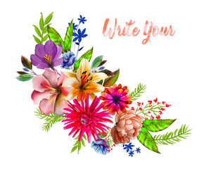 floral illustration - bouquet with bright pink vivid flowers