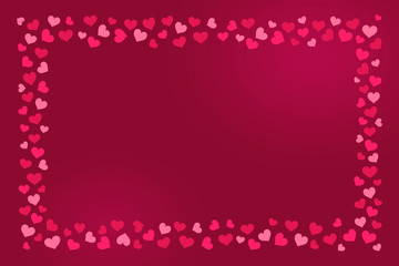 Abstract love for your Valentines Day greeting card design. Red Hearts frame isolated on red background.