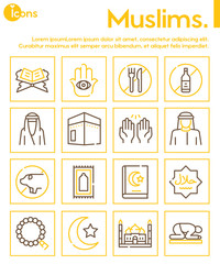 Muslim color linear vector icons set.
