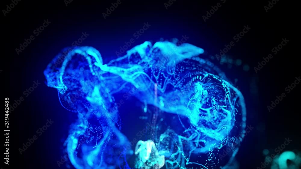 Aufkleber injection of fluorescent blue ink in water in 4k. 3d render of glow particles in ink flow. luma matt