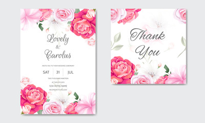 Floral wedding invitation card template set with beautiful flowers border