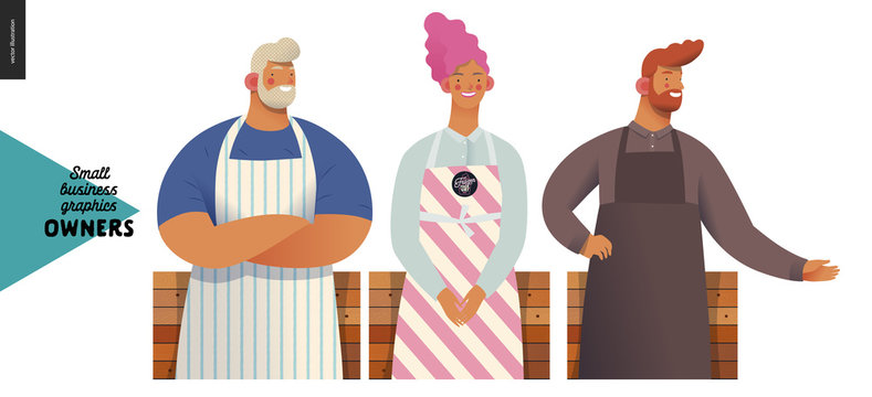 Owners -small business owners graphics. Modern flat vector concept illustrations - young bearded man wearing white apron, young woman, striped apron, young red-haireded man, standing at wooden counter