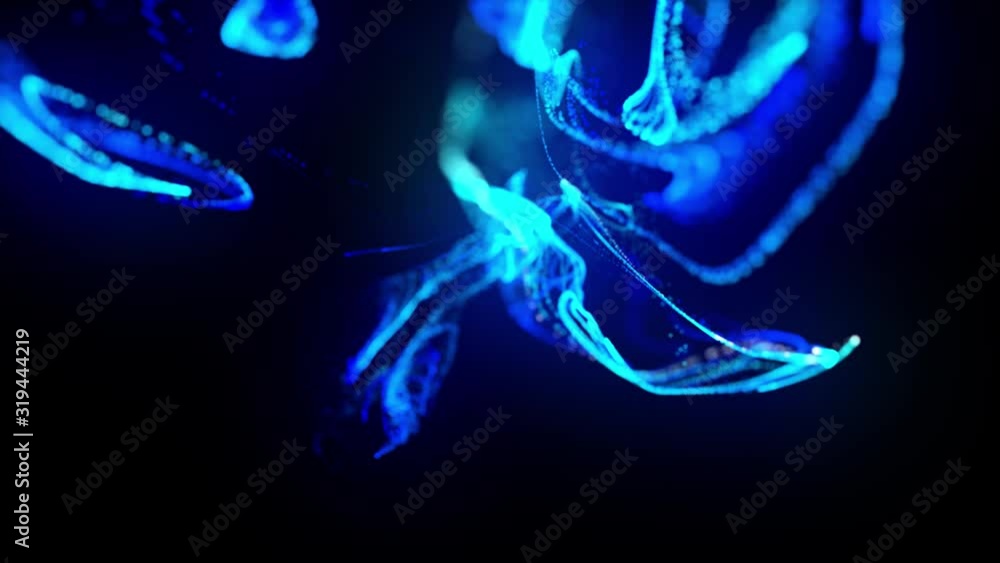 Aufkleber injection of fluorescent blue ink in water in 4k. 3d render of glow particles in ink flow. luma matt