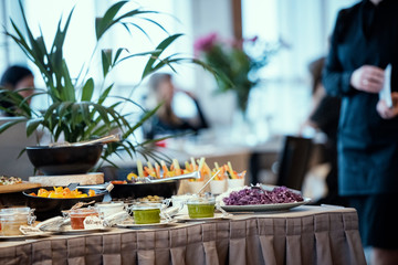 Various foods in brunch buffet in restaurant .