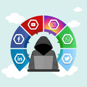Illustration of hacker attempt to hack social network applications: facebook, instagram, twitter, whatsapp, youtube, linkedin for editorial use