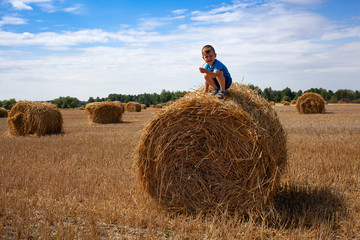 Naklejka na ściany i meble Little boy sits on a round haystack. Field with round bales after harvest under blue sky