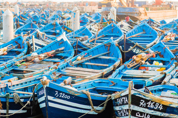 fishing boats at sunset at the port in Essaouira, Morocco, North Africa