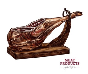 Dry-cured pork vector sketch illustration. Spanish jamon iberico or serrano on hamoneria isolated on white background in hand drawn engraving style. Farm meat product - obrazy, fototapety, plakaty