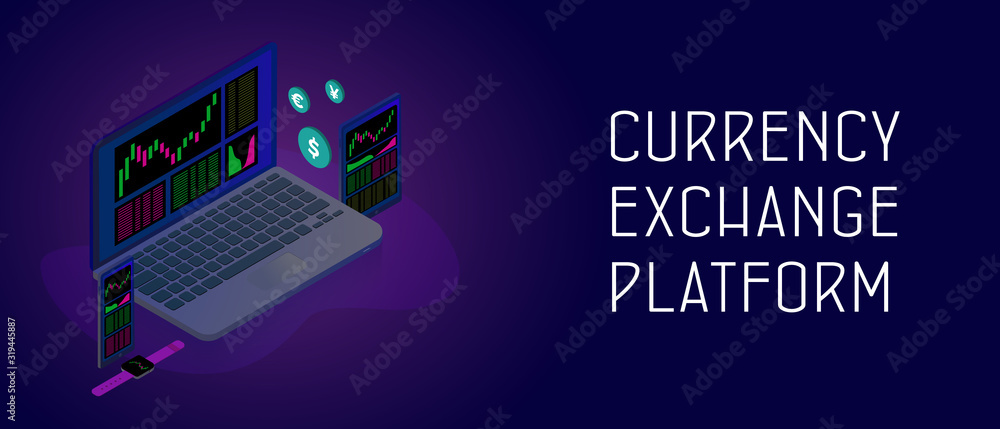 Poster currency exchange platform isometric vector concept. cryptocurrency, forex, binary or stock online t