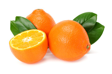 Orange clementine or minneola tangelo with slices and green leaves isolated on white background. Tangerine. Citrus fruit. - obrazy, fototapety, plakaty