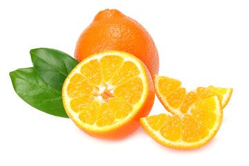 Orange clementine or minneola tangelo with slices and green leaves isolated on white background. Tangerine. Citrus fruit.