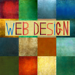 Textured, geometric design element and background image depicting the words "Web Design"