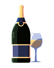 bottle and glass of wine on white background