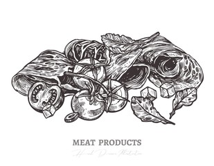 Spanish jamon, italian prosciutto crudo or parma ham in vector hand drawn style. Slices of dry cured meat sketch illustration with cherry tomatos and salad. Farm natural product