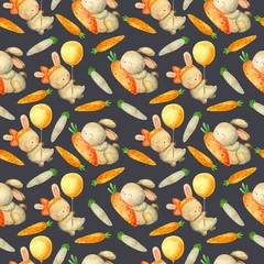 Tapeten Set aus Osterhasen, Karotten und Schmetterlingen. Ostern-Aquarellillustrationen auf weißem Hintergrund © Анна Султанова
