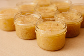 Dessert and jam with lemon in a jar. Jam for tea.