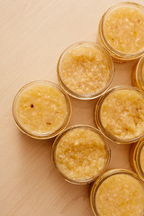 Dessert and jam with lemon in a jar. Jam for tea.